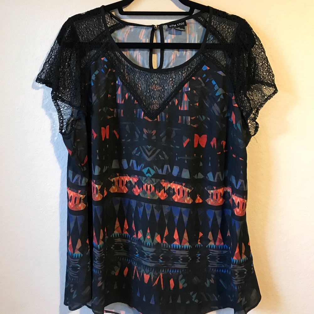 Chic Chic Tribal Print Top with Mesh Sleeves